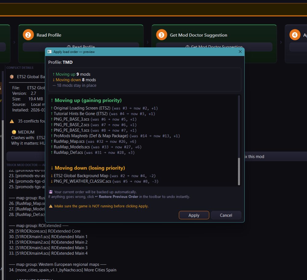Apply load order preview dialog showing 9 mods moving up, 8 moving down, with exact position changes