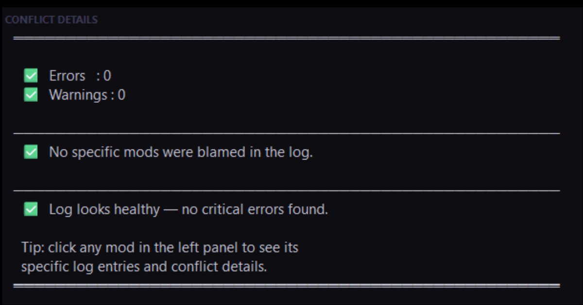 Conflict Details panel showing a healthy game log — 0 errors, 0 warnings, no mods blamed, log looks healthy