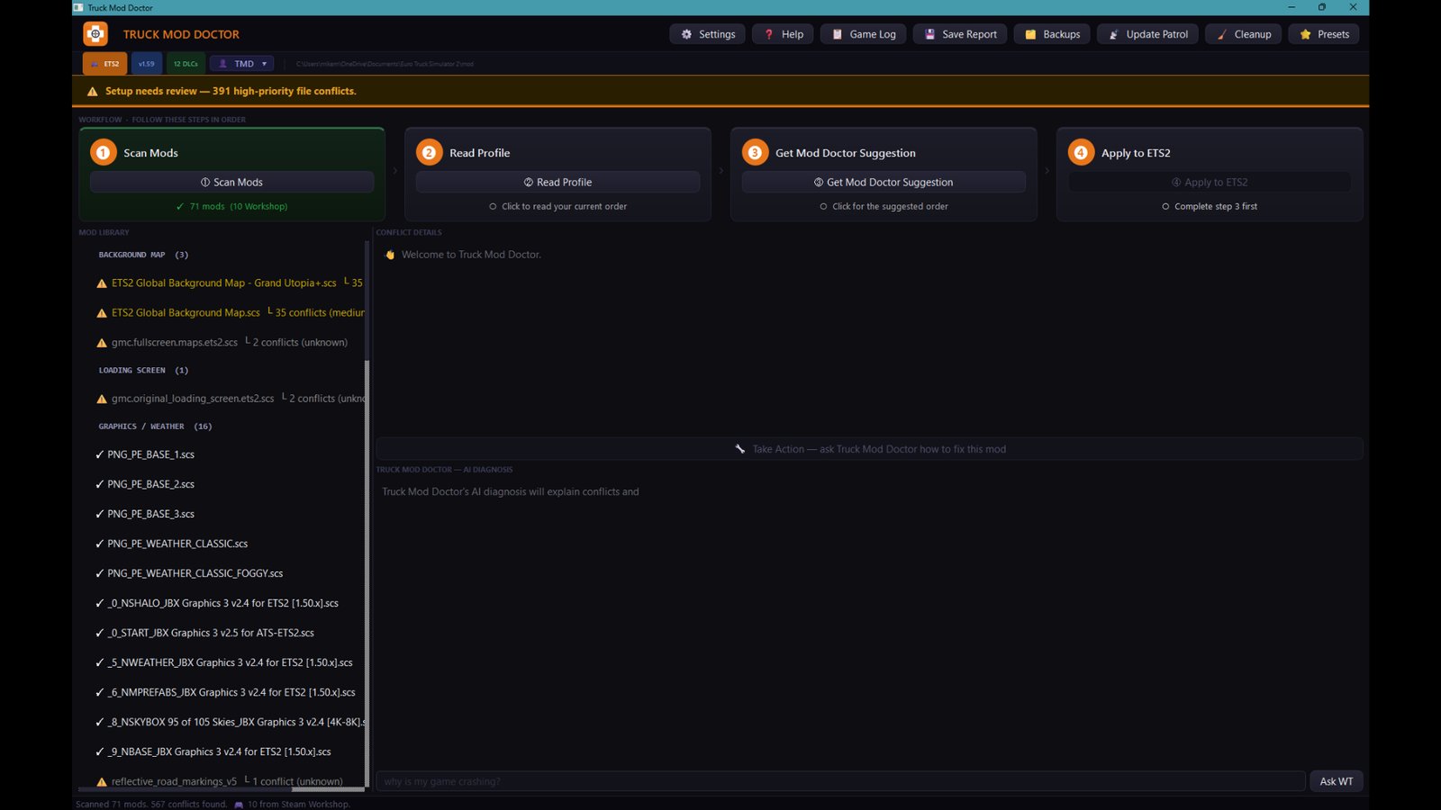 Truck Mod Doctor main window showing 71 mods scanned with conflict counts and workflow steps